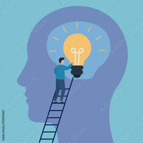 A minimal vector showing a person reaching into a glowing idea bulb inside a head—symbolizing insight, creativity, and mental exploration.