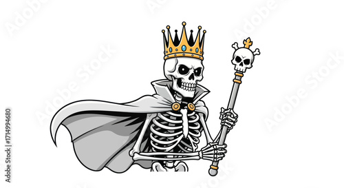 Skeleton King with Crown and Scepter Regal Death Cartoon Illustration.