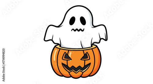 Cute Cartoon Ghost Emerging from Carved Halloween Pumpkin.