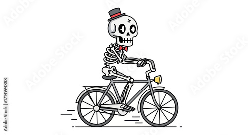 Cartoon Skeleton Riding Bicycle with Top Hat and Bow Tie.