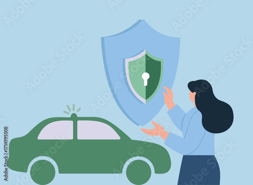 Woman activates layered shield to secure smart vehicle, symbolizing modern car protection, insurance, and anti-theft technology.