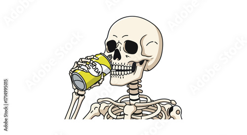 Funny cartoon illustration of a human skeleton drinking a beverage from a yellow can.