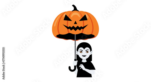 Spooky Vampire Girl Holding a Jack-o-Lantern Umbrella for Halloween.
