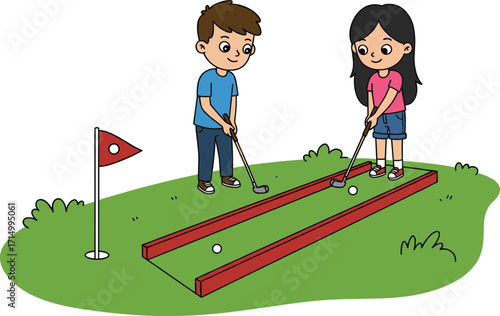 Children playing mini-golf, outdoor cartoon scene, golf clubs, red flag, green grass, fun activity, skill game, happy kids, coordination
