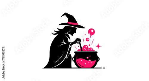 Dark silhouette of a witch stirring a bubbling pink potion in a cauldron.