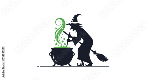 Silhouette of a Witch Stirring a Bubbling Cauldron with Smoke.