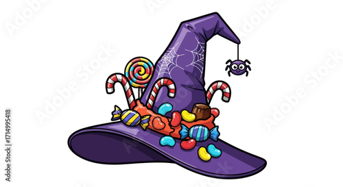 Purple Witch Hat Decorated with Candy and a Hanging Spider for Halloween.