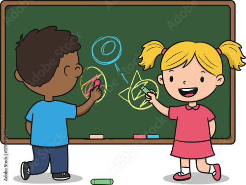 Children drawing on classroom chalkboard, creative learning activity, colorful chalk art, educational school scene, playful kids, early childhood education, teamwork