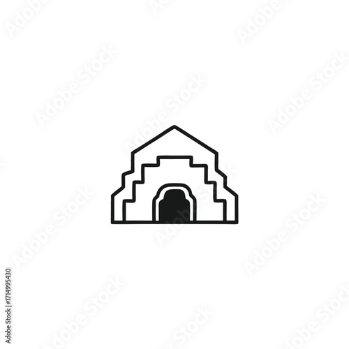 Monochromatic outline shows an ancient Mesoamerican pyramid temple structure in a minimalistic and clean line