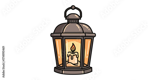 A classic vintage metal lantern with a glowing lit candle inside depicted in a simple cartoon illustration style.