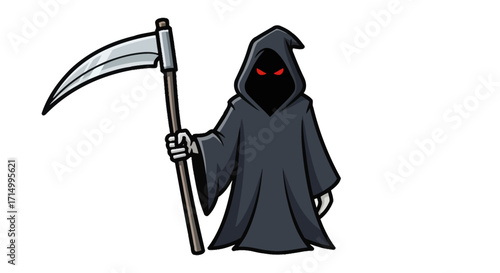 Cartoon Grim Reaper Holding Scythe with Glowing Eyes.