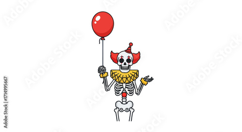 Spooky Skeleton Clown Holding a Red Balloon.