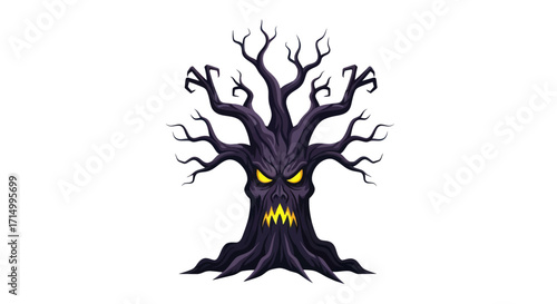 Spooky Cartoon Tree with Glowing Eyes and Grimace.