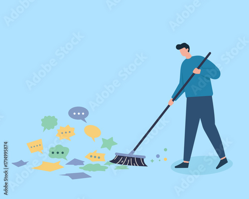 A person sweeps digital clutter—chat bubbles and symbols—symbolizing online moderation, content cleanup, or digital detox.