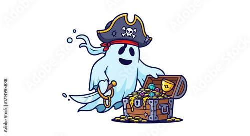 Cartoon Pirate Ghost with Treasure Chest and Sword.