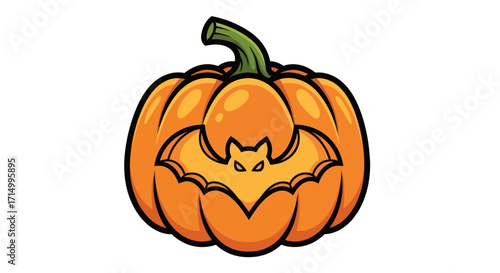 Spooky Halloween Pumpkin with Bat Carving and Green Stem.