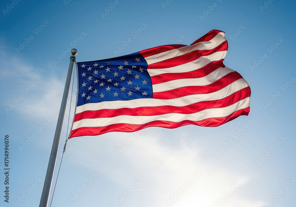 Obraz premium American Flag Waving Proudly Under a Clear Blue Sky