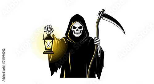 Grim Reaper holding scythe and glowing lantern symbolizing death.
