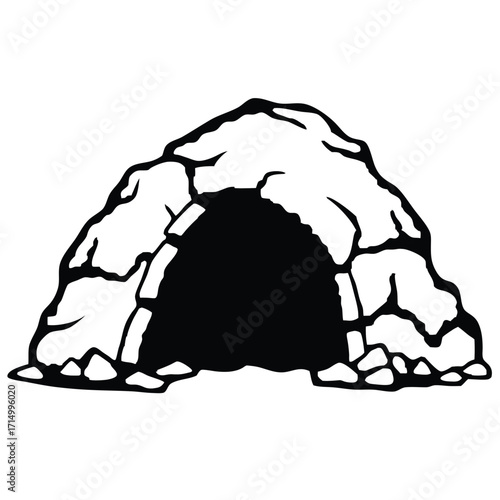 Monochrome rocky cave entrance emerges as a natural wonder in stark black and white