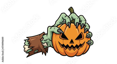 Spooky green zombie hand holding a carved Halloween pumpkin.