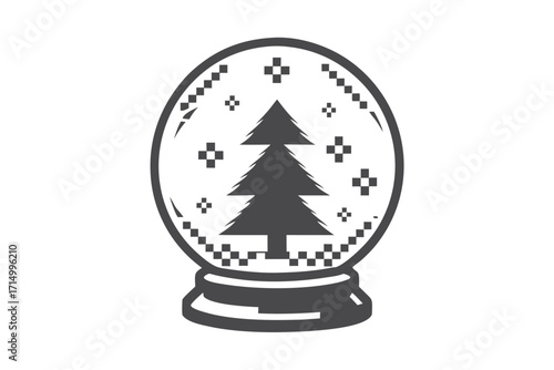 Monochrome snow globe containing Christmas fir tree and pixelated snow sparkles, simple black on white