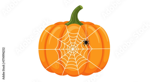 Spooky Halloween Pumpkin with Spiderweb and Spider.