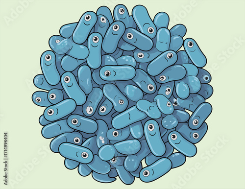 Blue cartoon bacteria cluster, capsule-shaped microbes with faces, playful germ illustration, educational science art, children’s microbiology concept