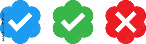 Three colorful icons representing a checkmark and a cross