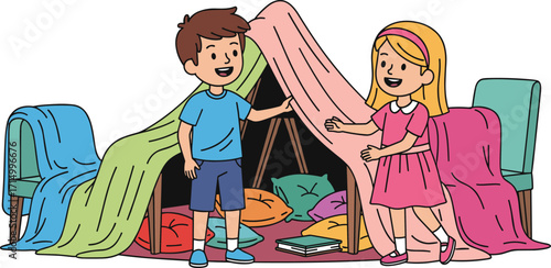Happy kids building indoor fort with blankets and chairs, playful children playing pretend, cartoon illustration, creative childhood activity, cozy home playtime