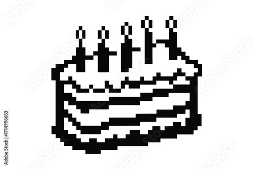 Pixel art shows a layered cake adorned with candles in black and white