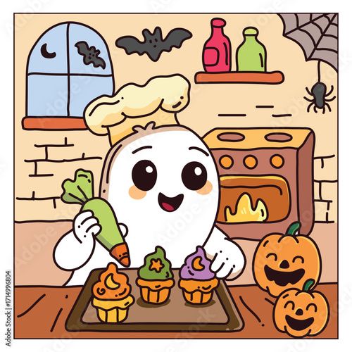 Cute Halloween Ghost Chef Baking Cupcakes – Kawaii Kitchen Illustration, Halloween, ghost chef, baking cupcakes, kitchen, cute illustration, kawaii art, pumpkin, cooking, autumn, spooky. illustration.