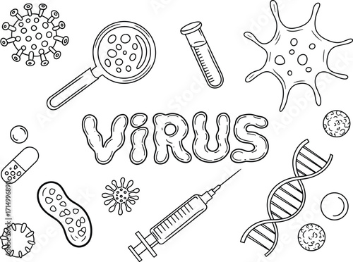 Virus concept illustration, microbiology doodle art, medical science icons, black and white drawing, infection research, healthcare sketch