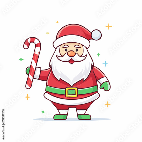Santa Claus Holding Candy Cane: A jolly Santa Claus with a bright red suit, white beard, and a cheerful smile holds a classic candy cane, ready to spread holiday cheer and magic.