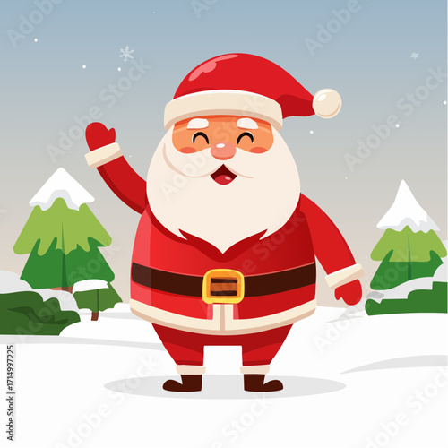 Joyful Santa in Snowy Landscape: Santa Claus, with his iconic red suit and cheerful disposition, waves warmly amidst a whimsical snowy winter landscape, perfect for Christmas.