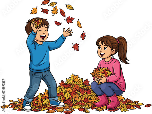 Happy kids playing in autumn leaves, joyful children throwing fall foliage, cartoon illustration, seasonal outdoor fun, fall season activity