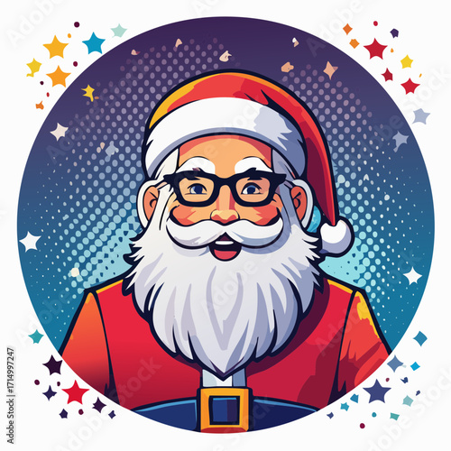 Cheerful Santa Illustration: A jolly Santa Claus with glasses and a festive red suit, radiating warmth and good cheer, is captured in a vibrant and digitally created artwork.