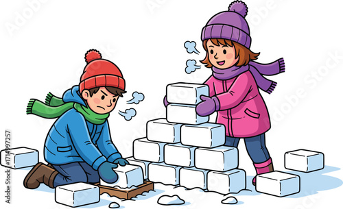Children building snow igloo with blocks, winter outdoor activity, kids playing in snow, cartoon illustration, fun seasonal game, cold weather playtime