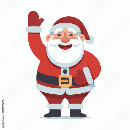 Santa Claus' Festive Cheer: A cheerful cartoon illustration of a jolly, rotund character with a snowy beard and a warm, welcoming smile, dressed in a vibrant red suit, and waving his hand with glee.