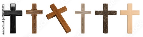 Christian cross set including rustic, weathered, smooth, natural wood, and black designs isolated. Religious symbolism and faith.