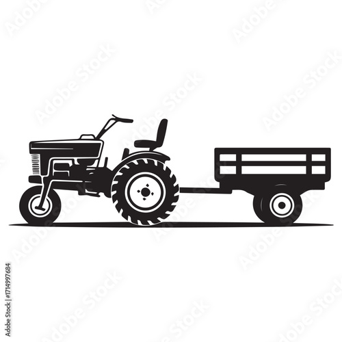 Classic black and white silhouette illustration of a vintage tractor pulling a wooden farm trailer on a white background