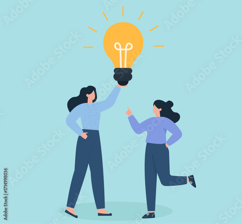 Teamwork sparks innovation—two figures unite around a glowing bulb, symbolizing shared ideas, creativity, and dynamic collaboration.