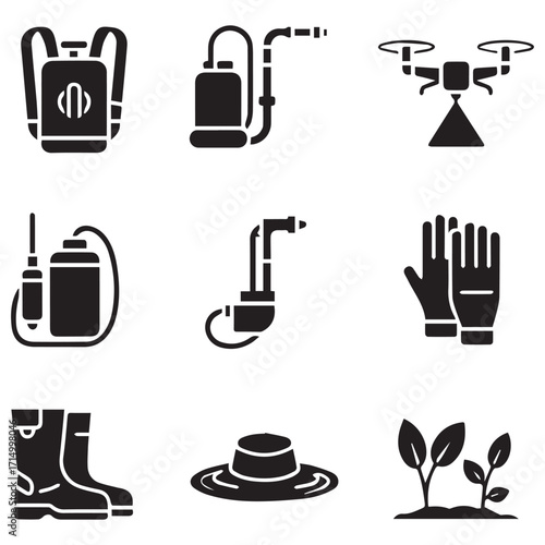 Collection of agricultural icons representing modern farming equipment and protective gear for crop cultivation and pest control