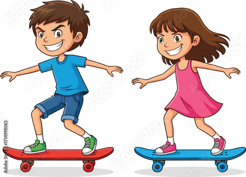 Happy boy and girl riding skateboards, cartoon kids enjoying outdoor fun, active children, playful teens, colorful skateboarding, youth lifestyle, vector illustration
