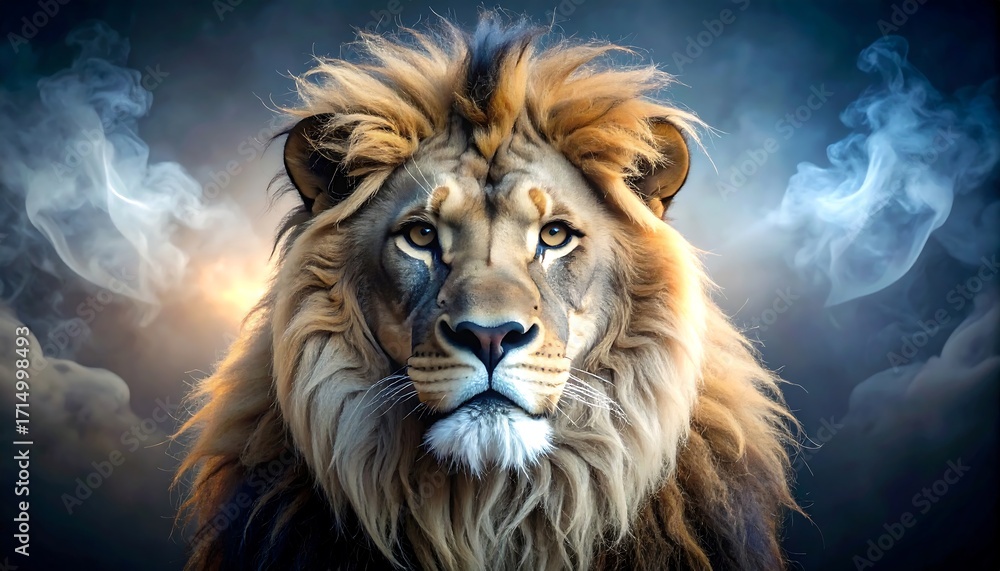 Naklejka premium Majestic Male Lion Portrait: Golden Mane, Smoky Background