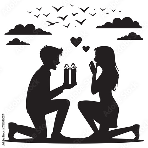 Romantic silhouette of a man proposing to a woman with a gift box and hearts above them