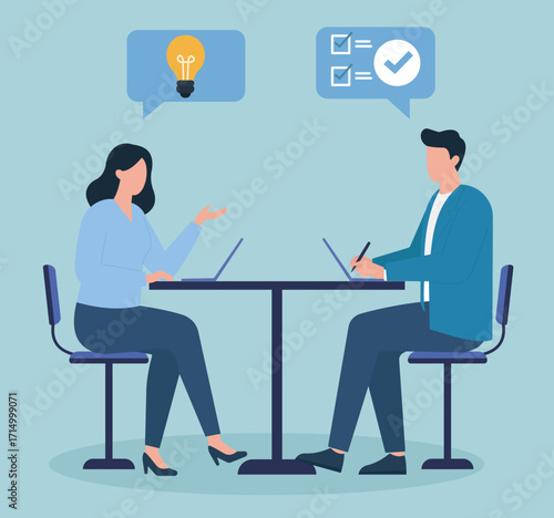 Collaborative workspace scene showing idea sharing and task planning between two professionals using laptops and notes.