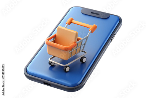 3d smartphone with shopping cart app icon for online shopping and e-commerce