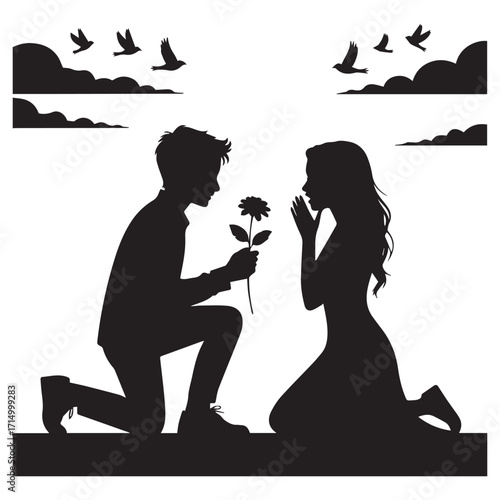 Romantic silhouette of a man proposing to a woman with a rose birds flying in the sky