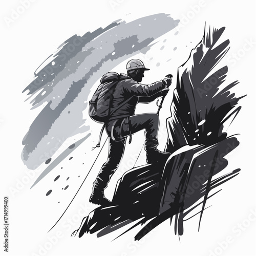 mountaineer on rocky ledge charcoal sketch with smudge-mapped snow and storm-gray wash