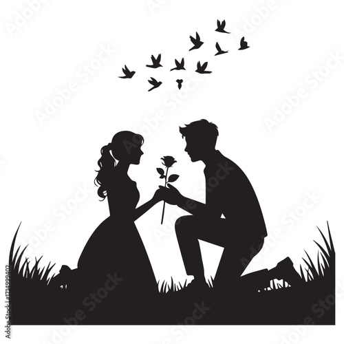 Romantic silhouette of a man proposing to a woman with a rose under a flock of birds in the sky